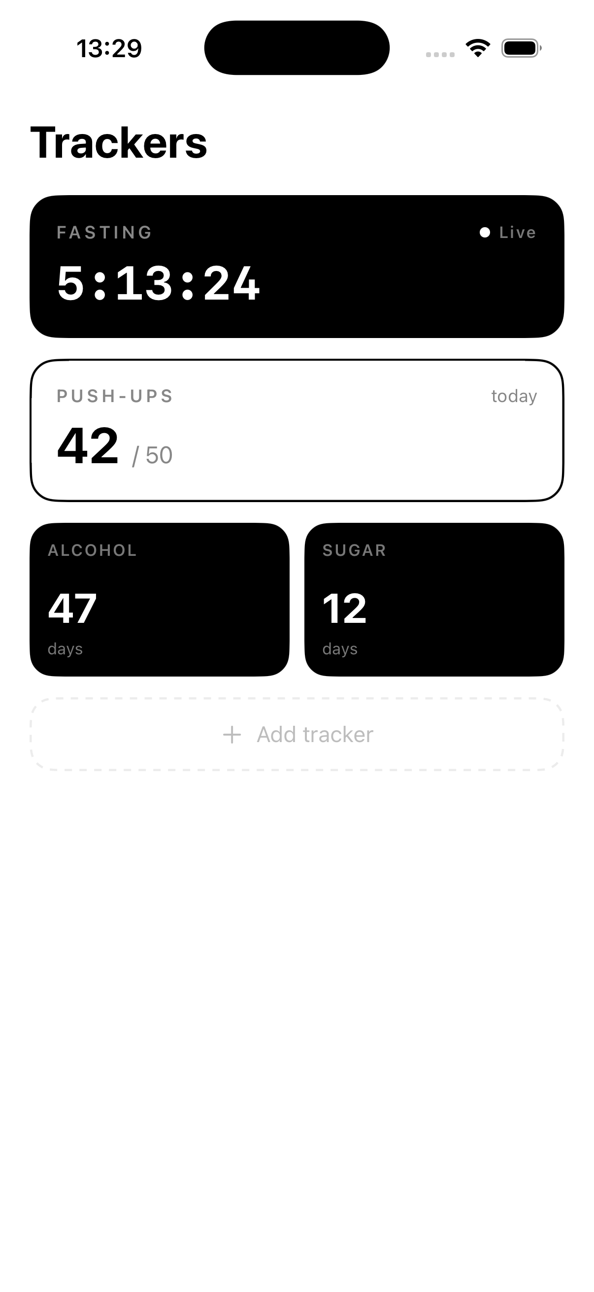 WWHM app showing a fasting timer, push-ups, and days-since streaks